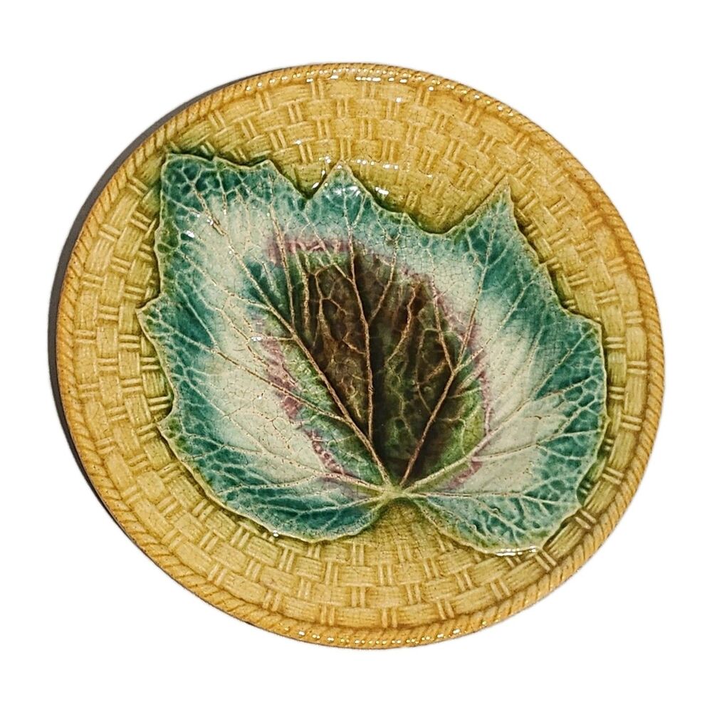 Antique Majolica Begonia Leaf 8" Ceramic Plate With Basketweave Edge